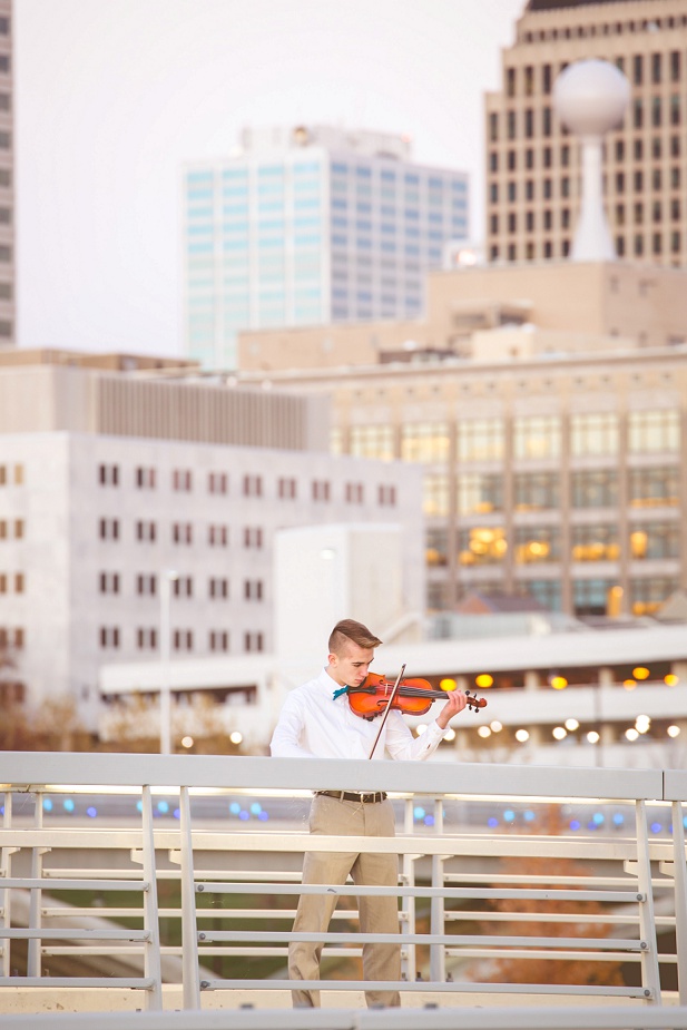 Violin Senior Picture with Columbus Skyline