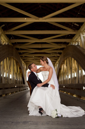 Wedding Portrait of Jeremy Miller and Jennifer Watson Miller at a covered bridge in Ohio