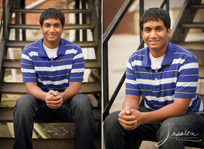 Senior Portrait of James Musunuri on Fire Escape in Plain City Ohio