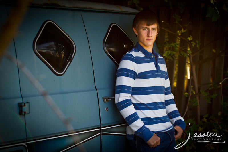 Senior Portrait of Luke Shetler with Retro Blue Van
