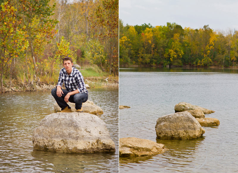 Senior Portrait of Tyler Headings on a rock in a lake