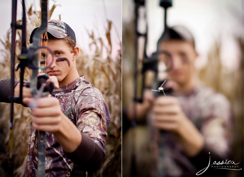Senior Portrait of Tyler Headings shooting bow and close up of arrow