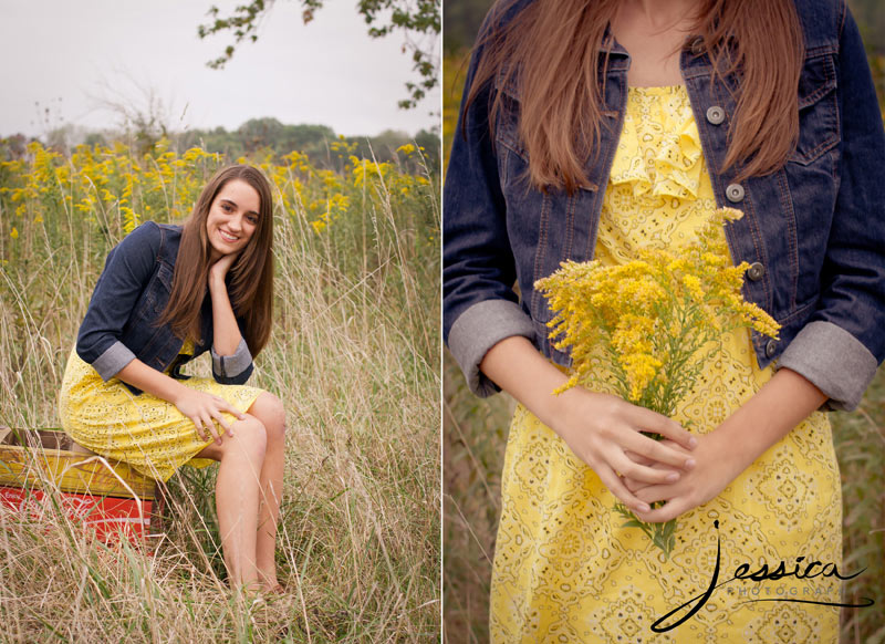 Senior Portrait of Michaela Hershberger in the country with goldenrod