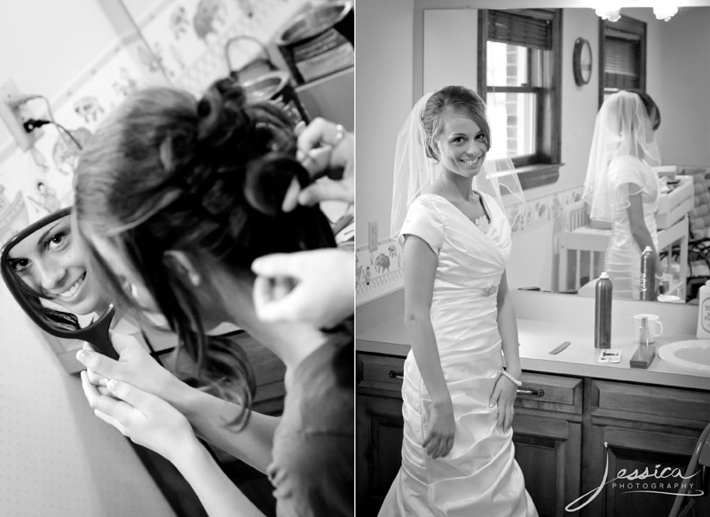 Wedding Portrait of Emily Troyer Beachy getting dressed