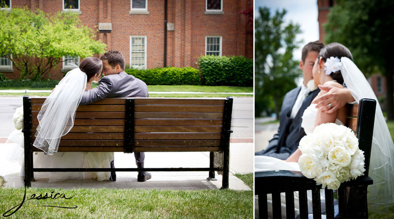 Wedding Portrait of Stephen and Amber Spires on a Park Bench