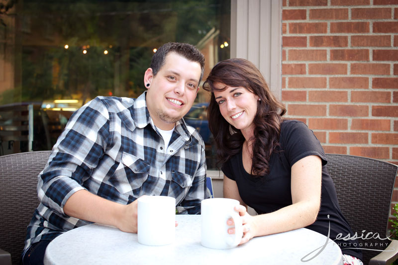 Engagement Pic of Jeff Abbott and Stephanie Roby at a coffee shop