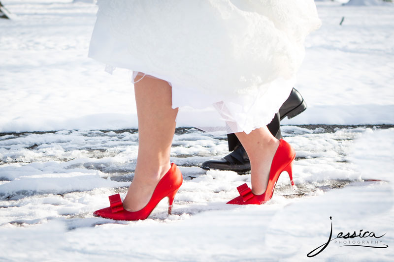 Pic of red high heels in the snow