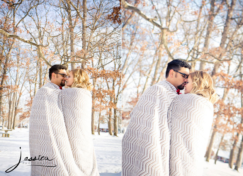 Pic of Bride and Groom with blanket in the snow