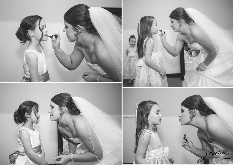 Pictures of bride putting lipstick on flower girls
