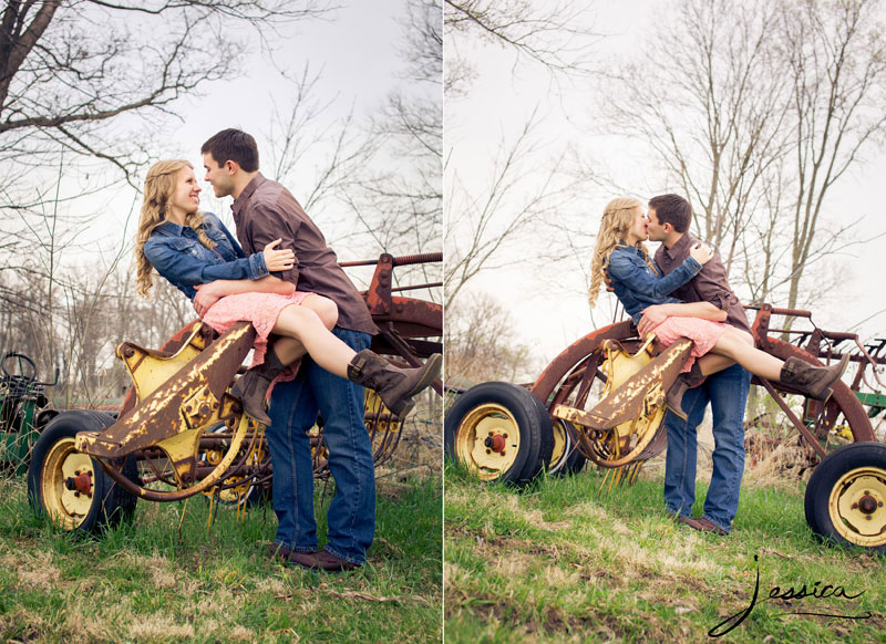 Engagement picture in the country on old field tools