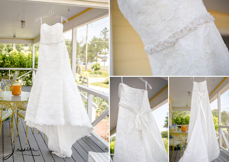 Brides wedding dress on porch