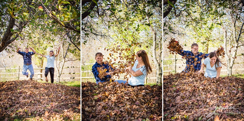 Engagement pictures of jumping in the leaves