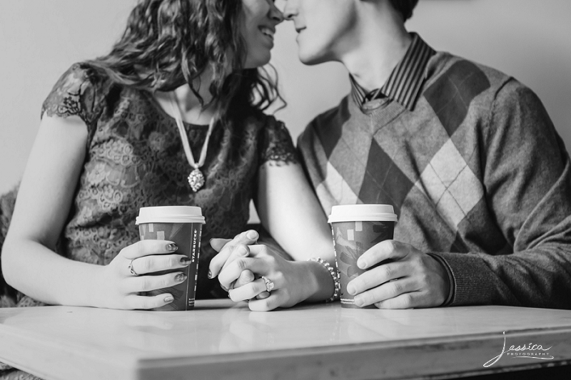 Engagement pictures with coffee at Starbuck German Village Ohio