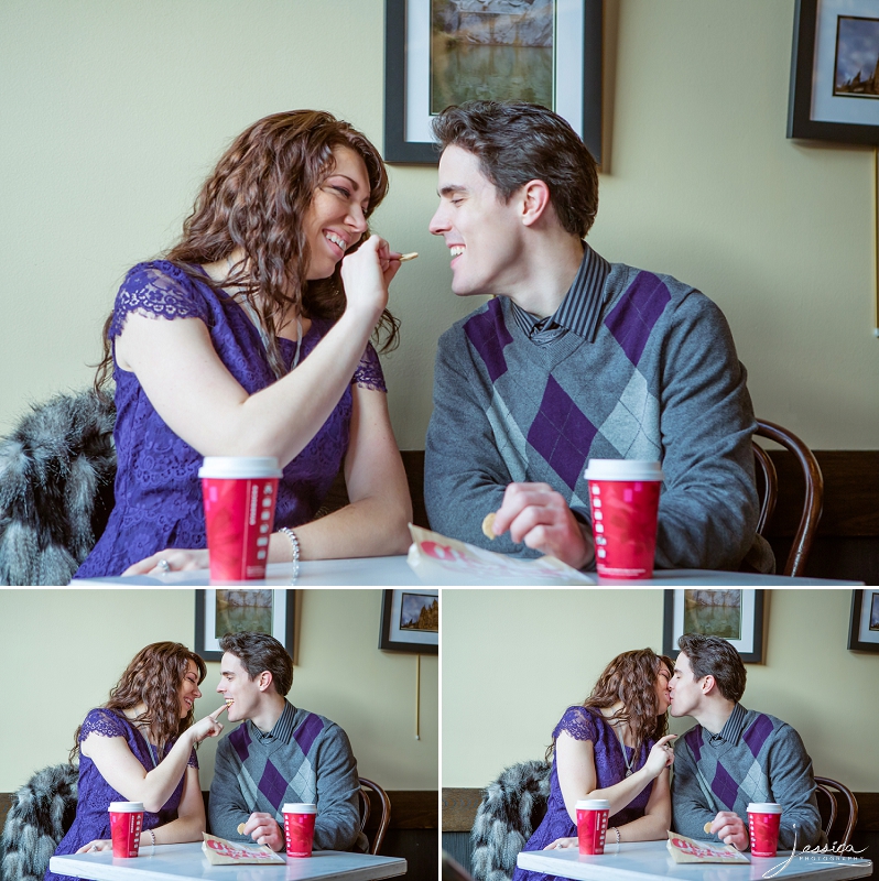 Engagement pictures with coffee at Starbuck German Village Ohio