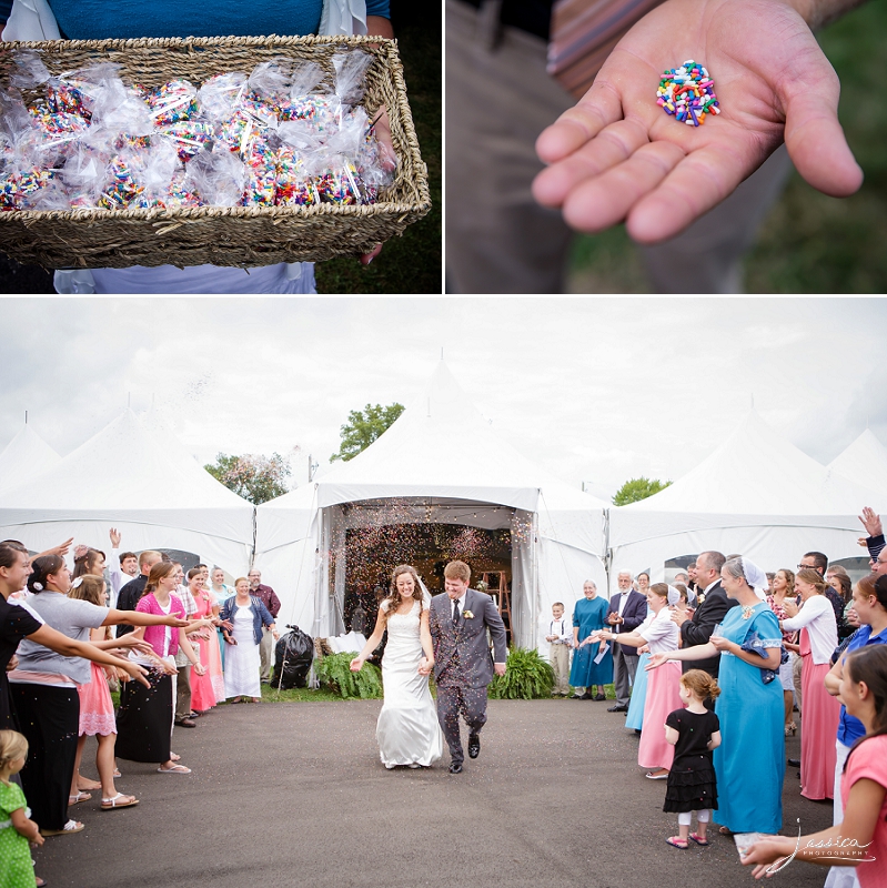 Bride and groom exit with candy sprinkles