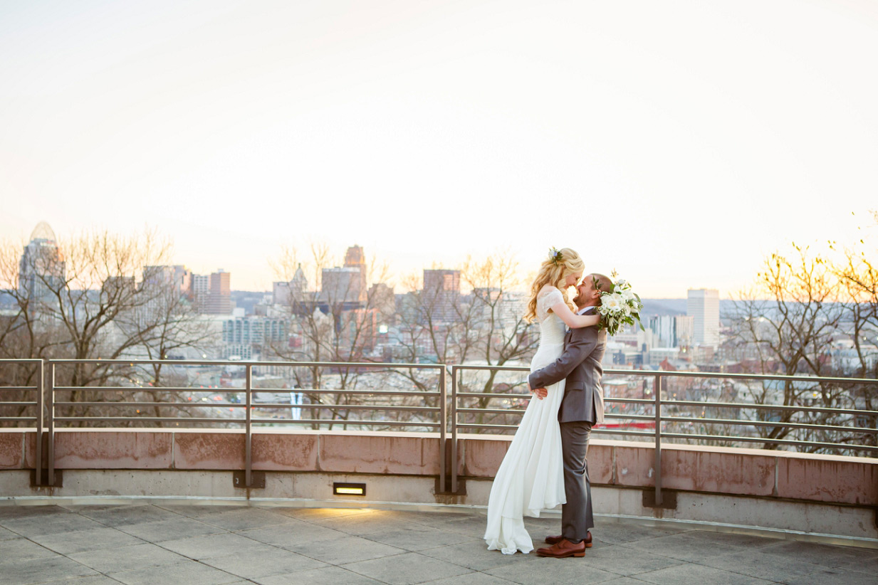 Cincinnati Skyline at Sunset with Bride and Groom