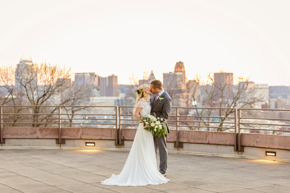 Cincinnati Skyline at Sunset with Bride and Groom