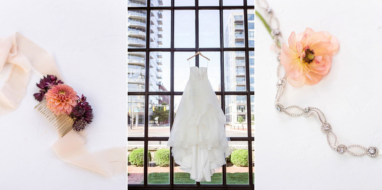 Wedding Dress hanging in North Bank Venue window