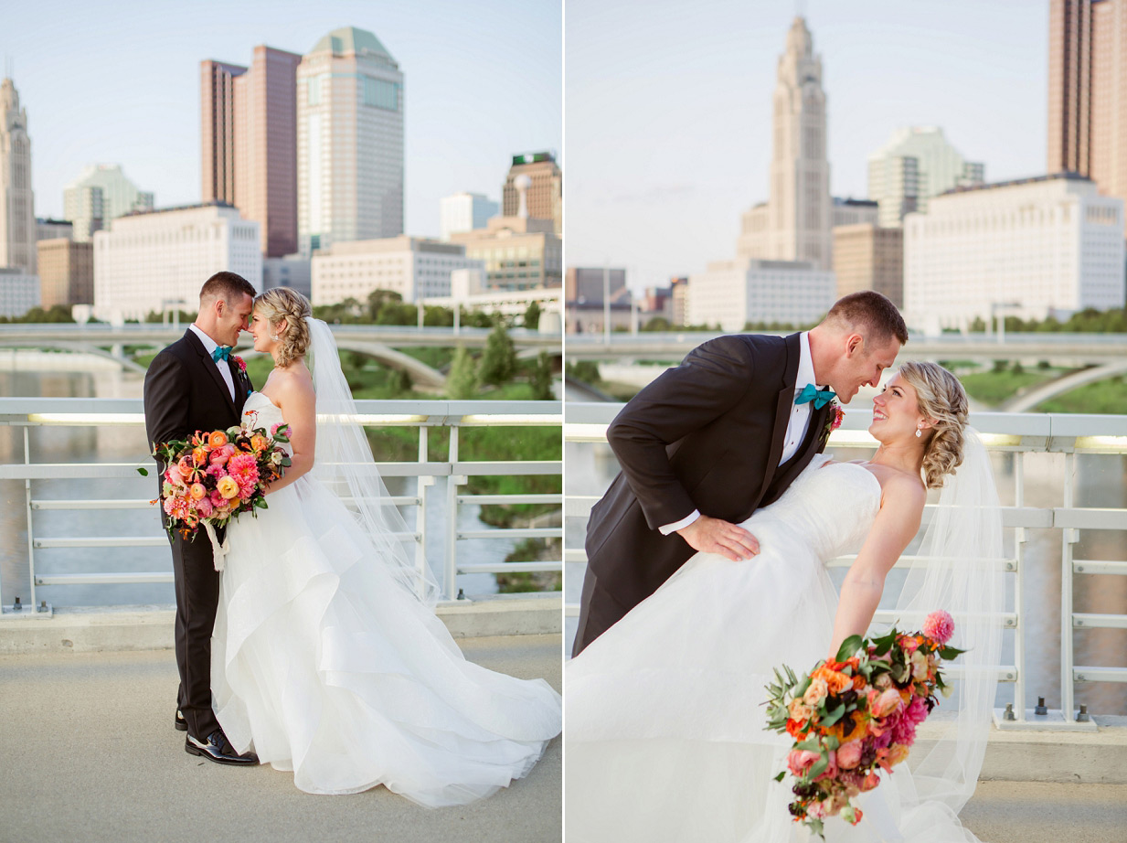 Columbus Ohio Skyline with bride and groom